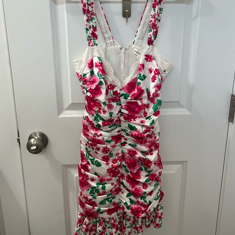 For Love and Lemons Petal Tank Dress Carnation Floral Pink and Green Mini Dress